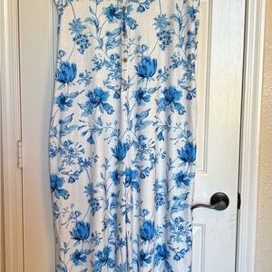 Blue Floral Button-Front Jumpsuit With Pockets